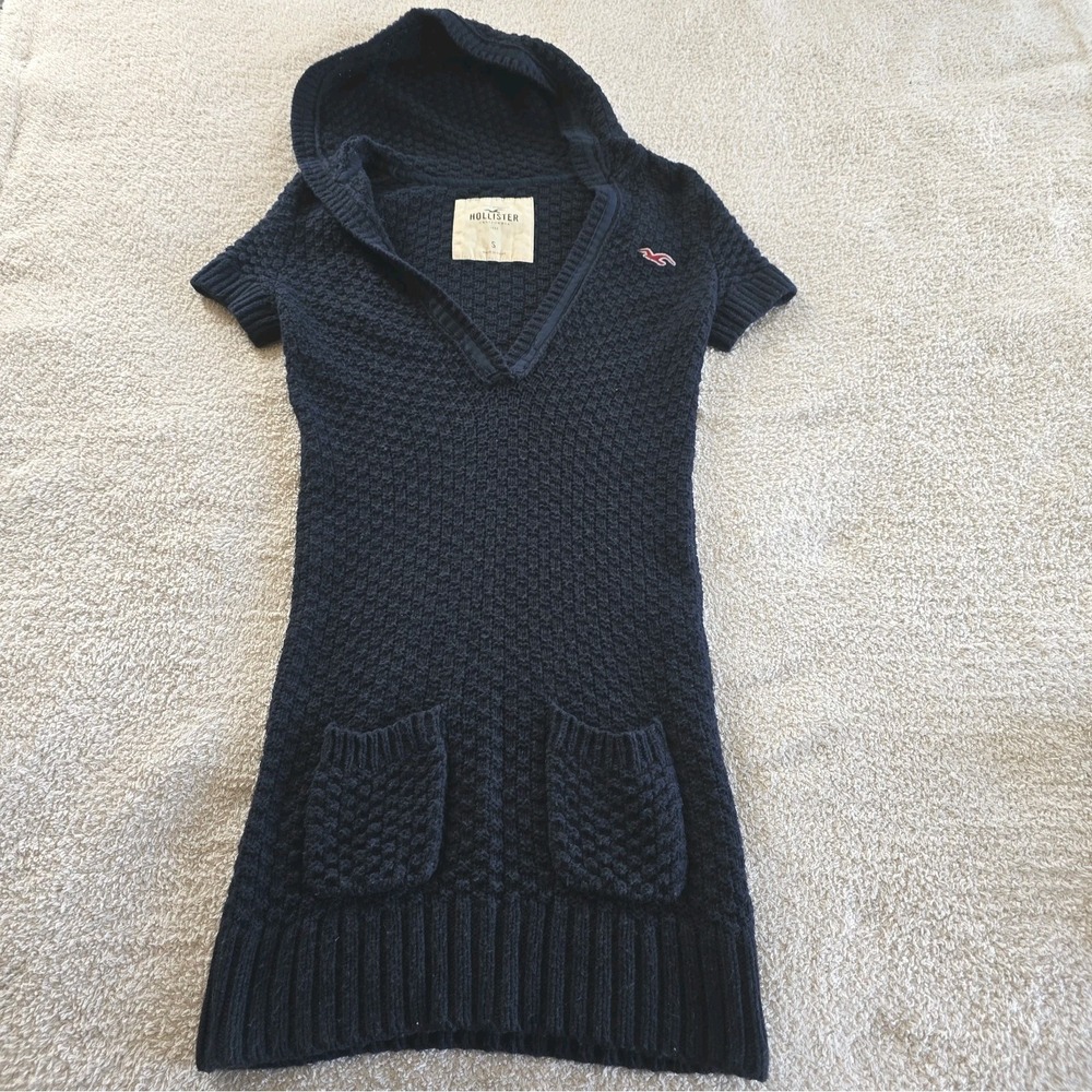 Hollister Y2K Waffle Knit Hooded Sweater Dress Size S Deep V-neck Pockets Navy S